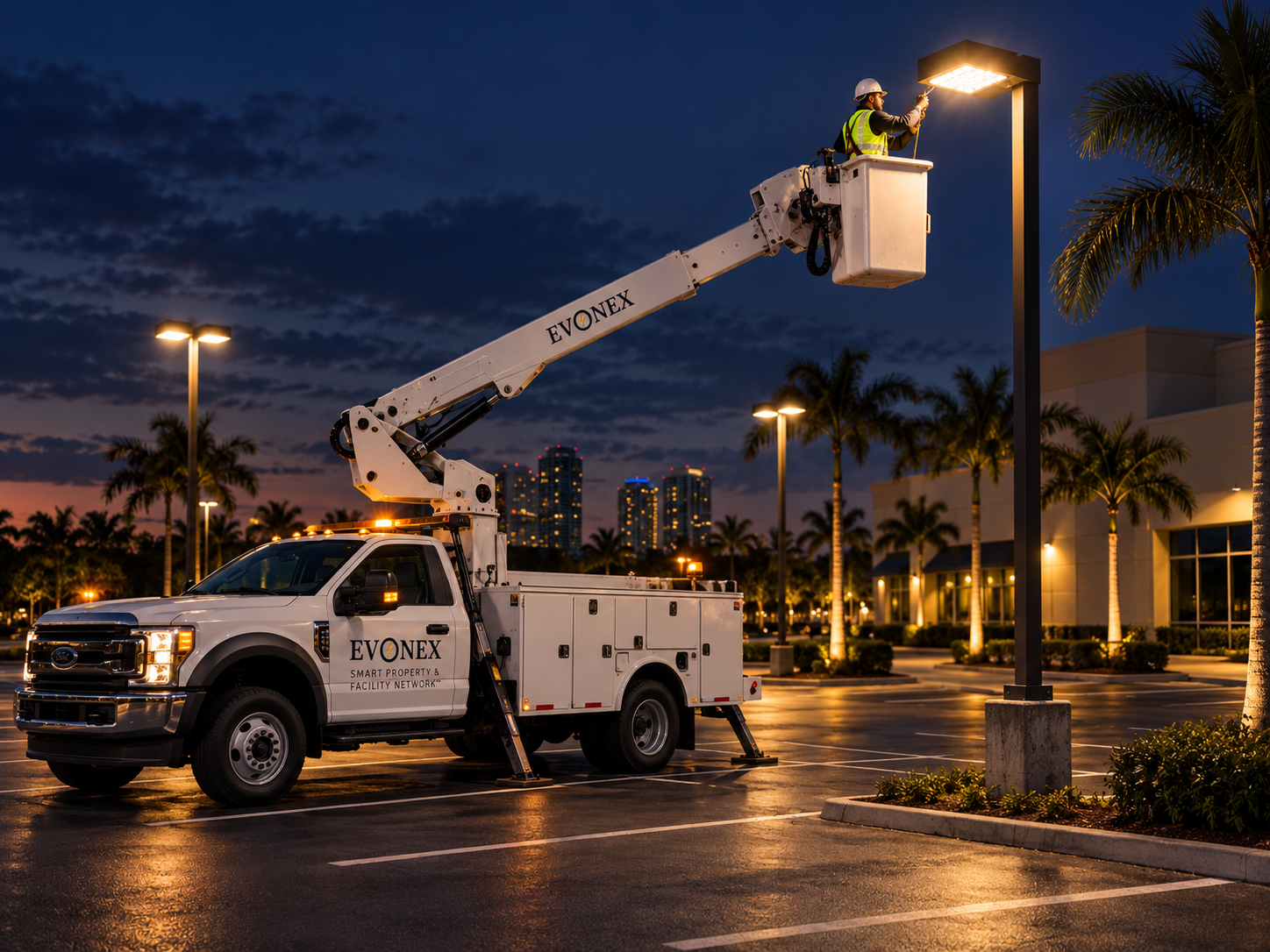 EVONEX bucket truck positioned for elevated parking lot light service