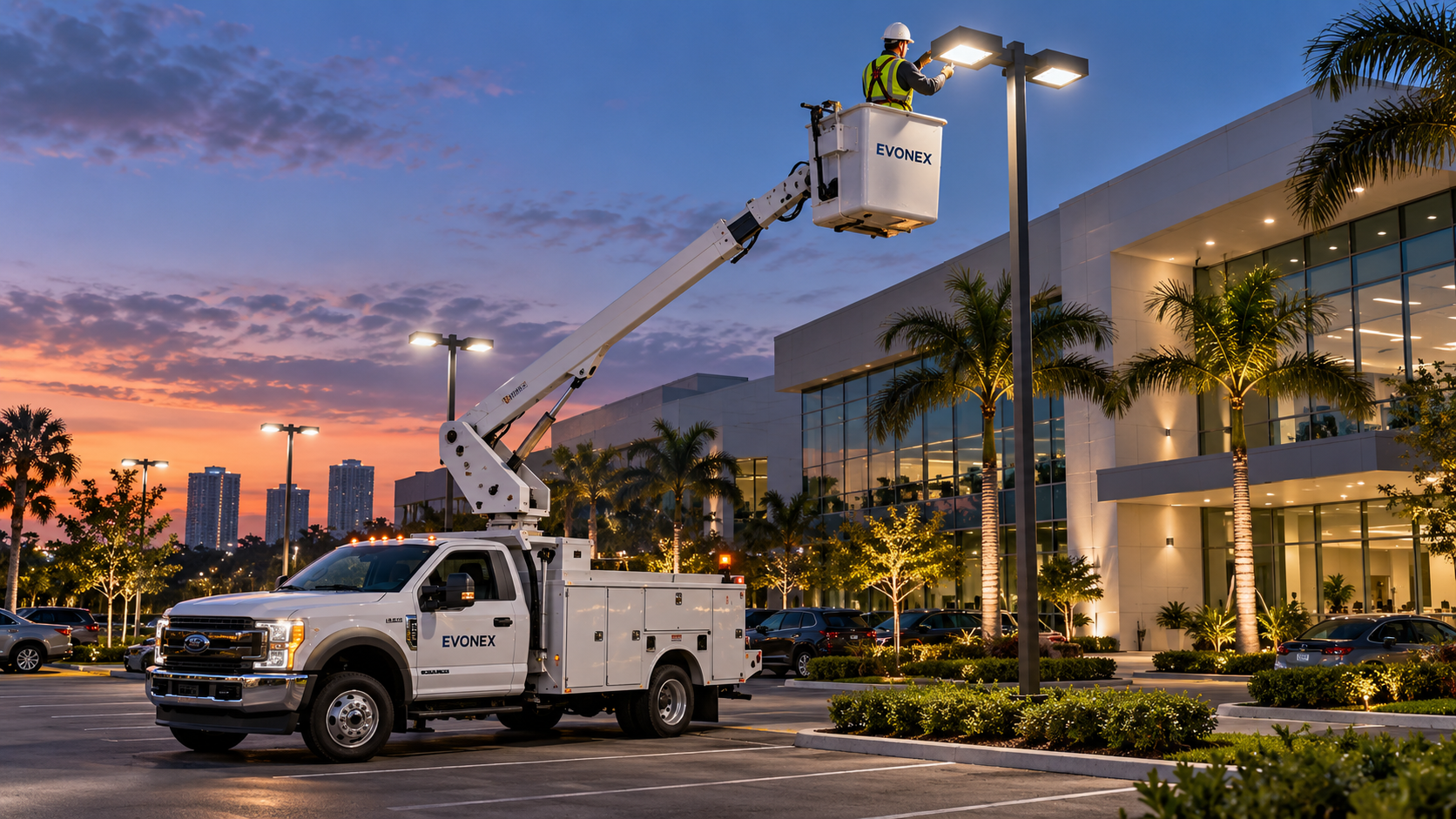 Marketing visual of an EVONEX bucket truck beneath commercial pole lighting at dusk