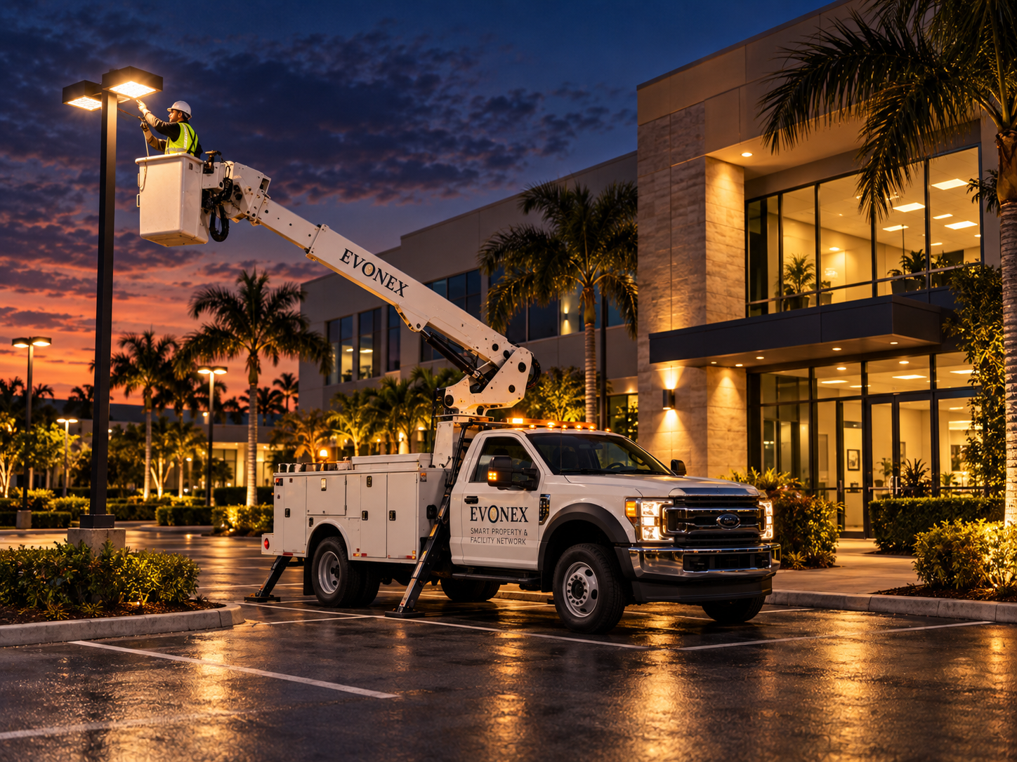 EVONEX bucket truck positioned beneath commercial parking lot lights at night