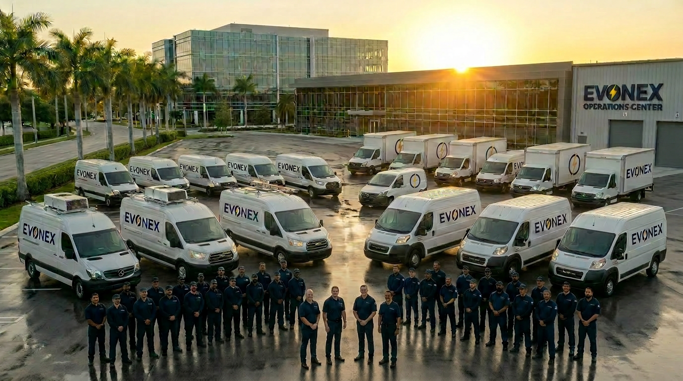 EVONEX service fleet departing South Florida operations campus at sunrise