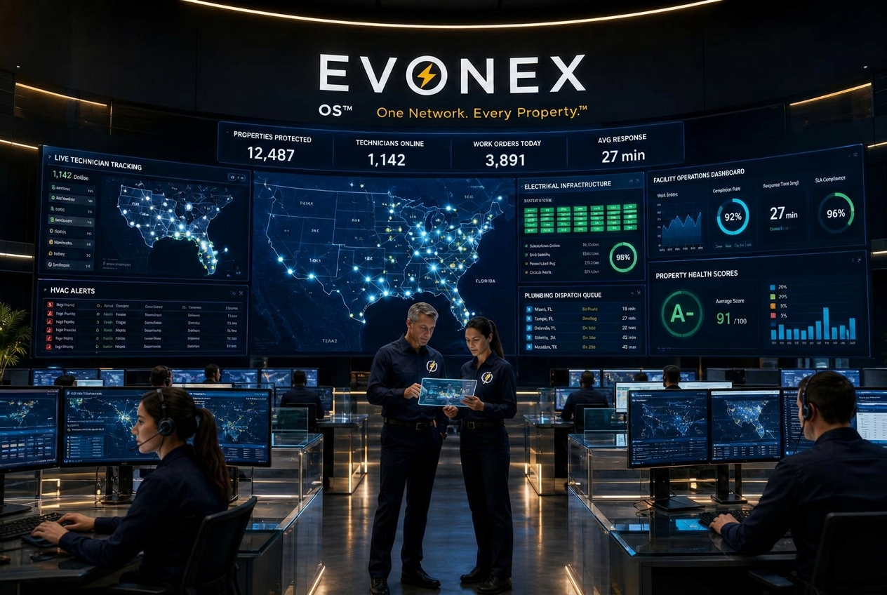 EVONEX Operations Center — national command center monitoring thousands of properties in real time