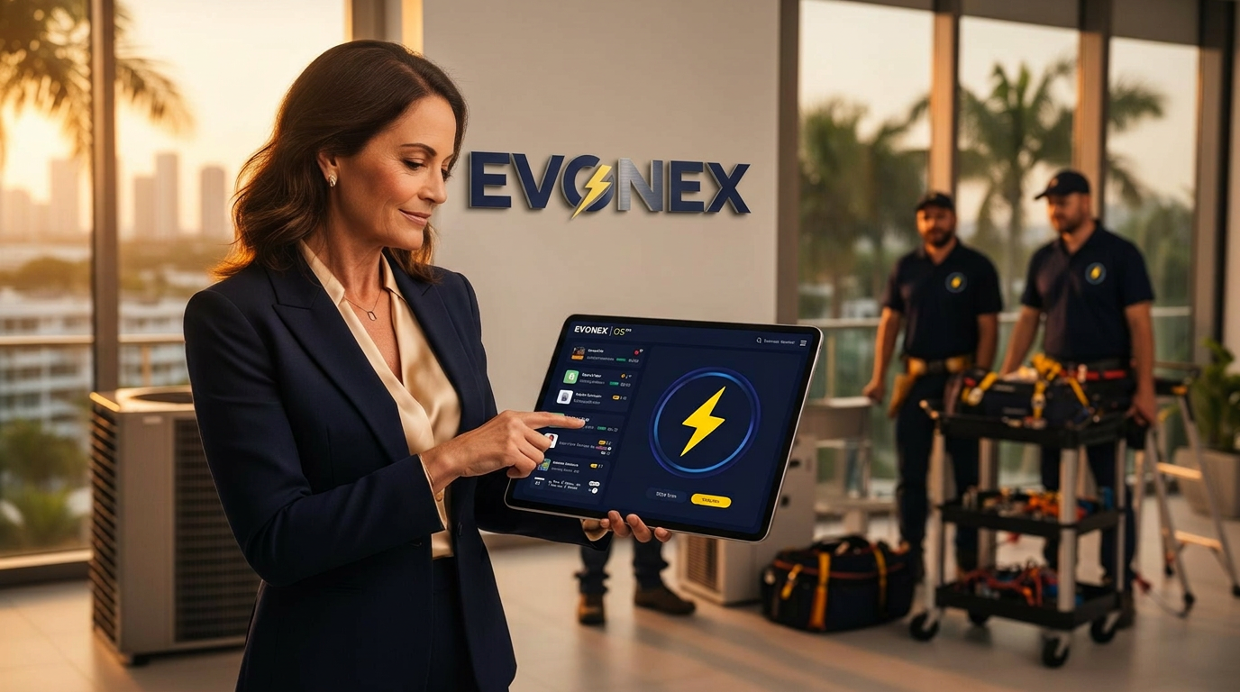 EVONEX property manager reviewing the EVONEX OS dashboard while multi-trade service teams operate in the background