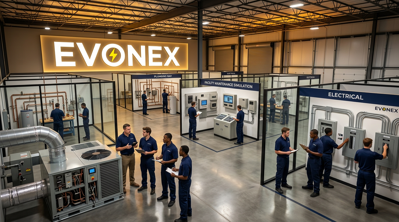 EVONEX Training Academy — HVAC, electrical, plumbing and facility maintenance training bays