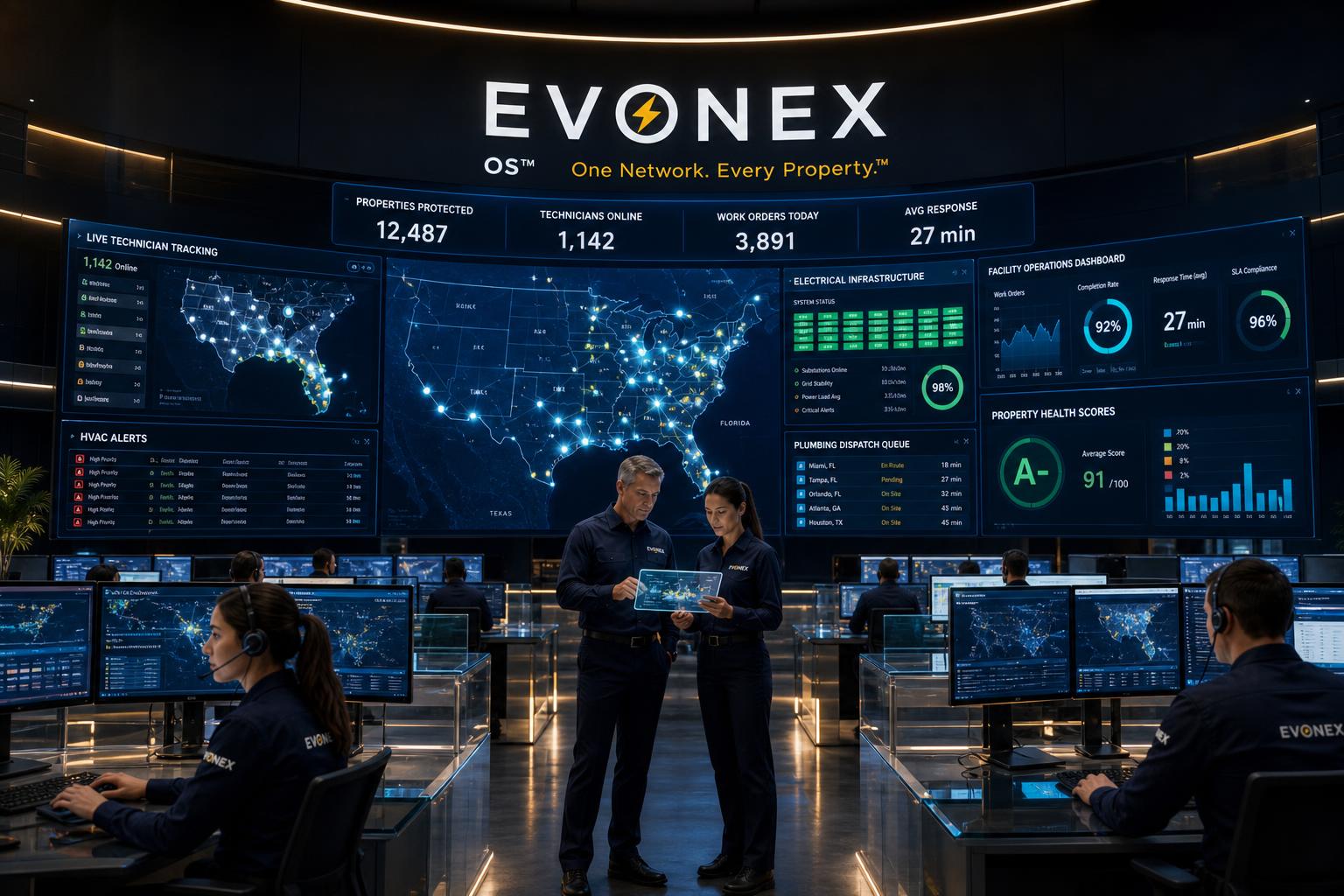 EVONEX advisor meeting with a facilities executive while a commercial HVAC unit is lifted into place at a South Florida property