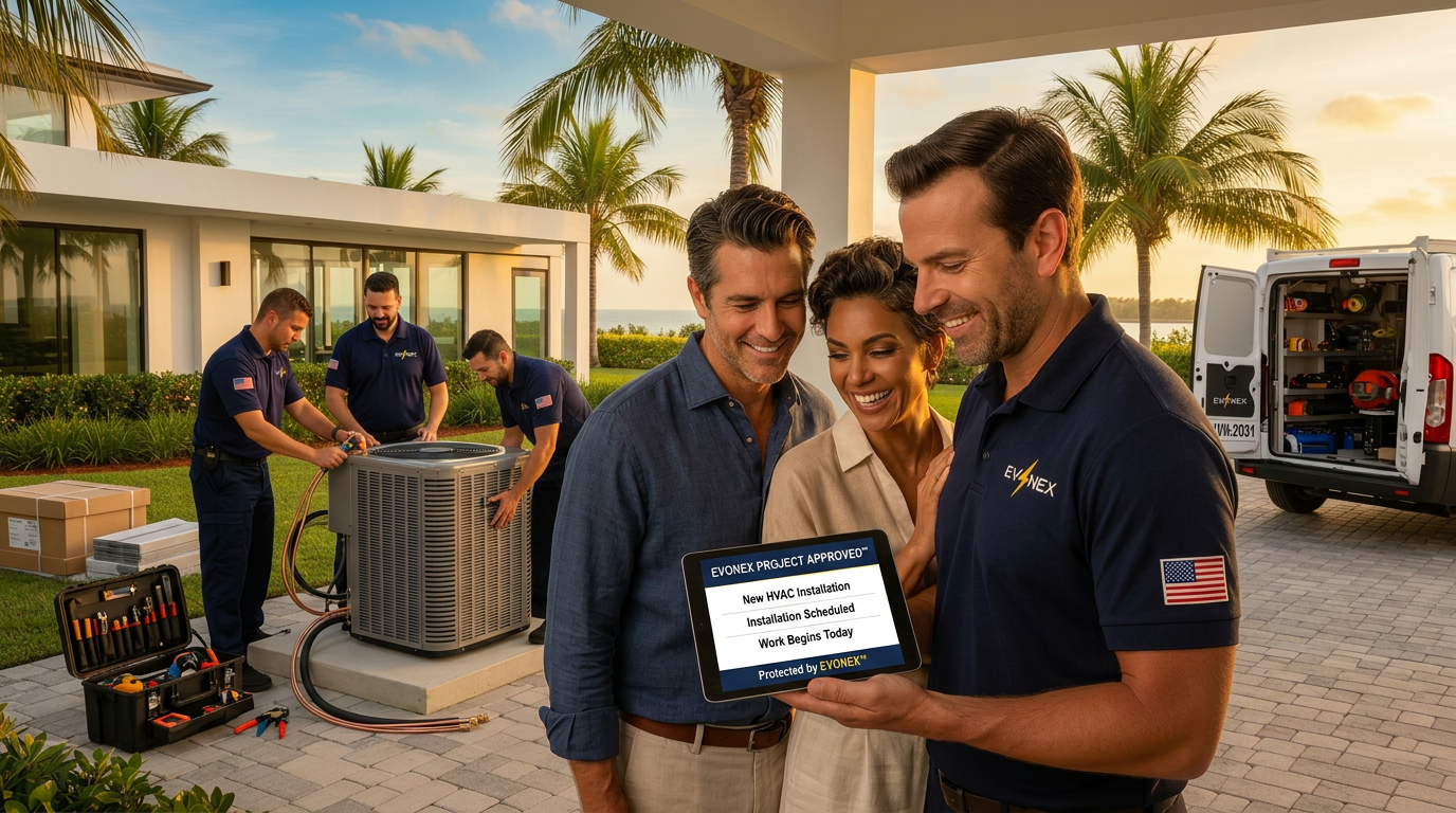 EVONEX advisor presenting an approved residential project to a South Florida couple while technicians install a new HVAC system