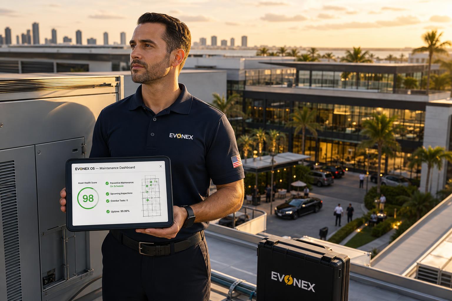 EVONEX Maintenance Specialist performing a preventive rooftop HVAC inspection