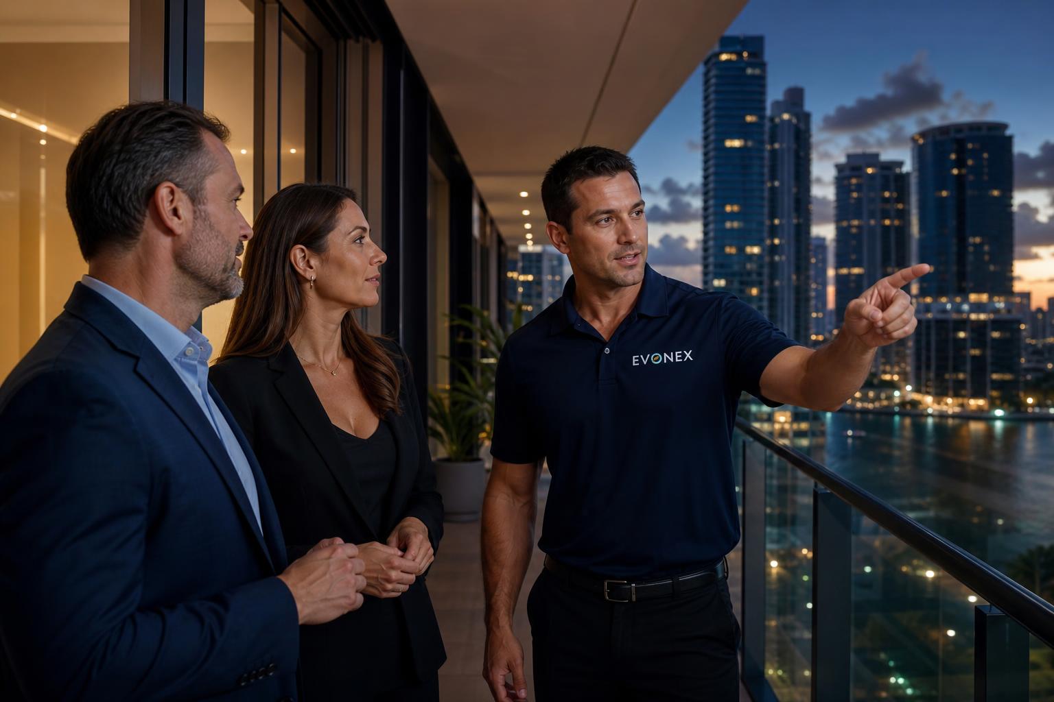 EVONEX representative speaking with office clients on a luxury high-rise balcony at dusk