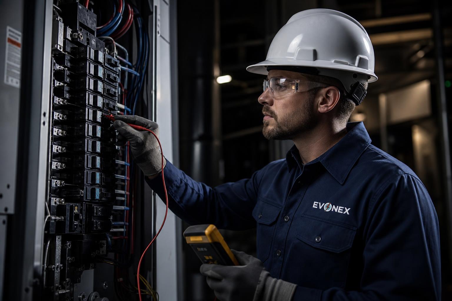 EVONEX electrician testing a breaker panel while wearing a white hard hat