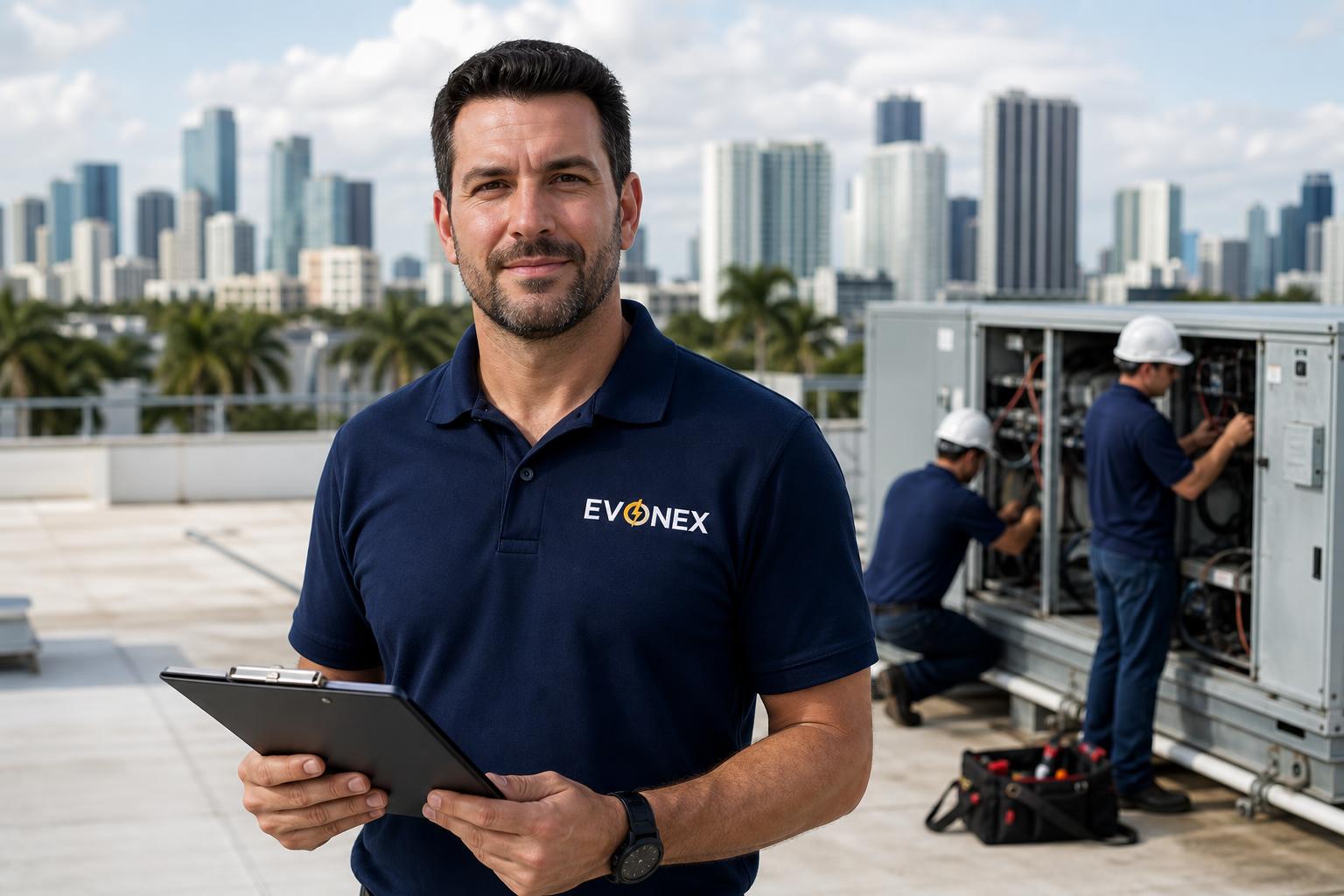 EVONEX facility operations manager on a rooftop mechanical system with Miami skyline behind