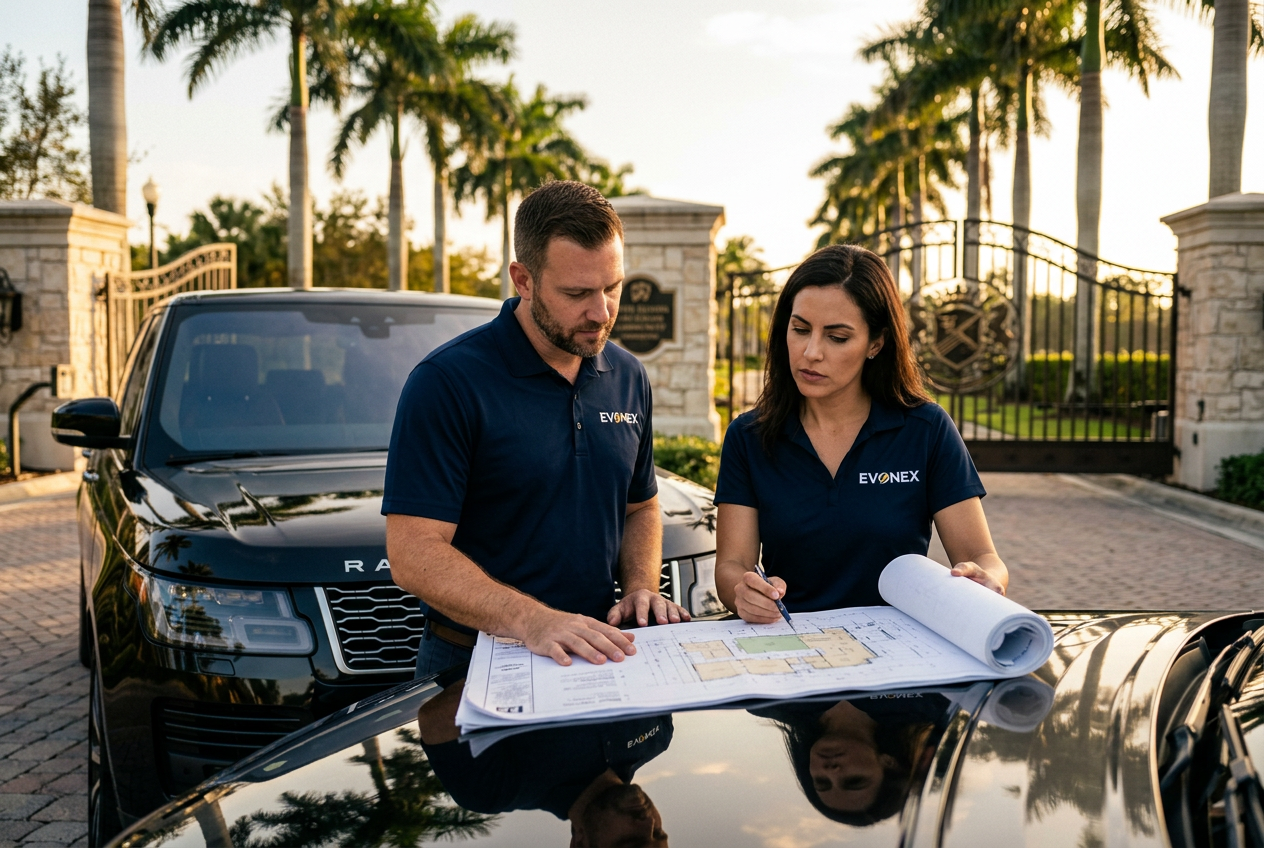 EVONEX consultants reviewing community plans at a gated neighborhood entrance