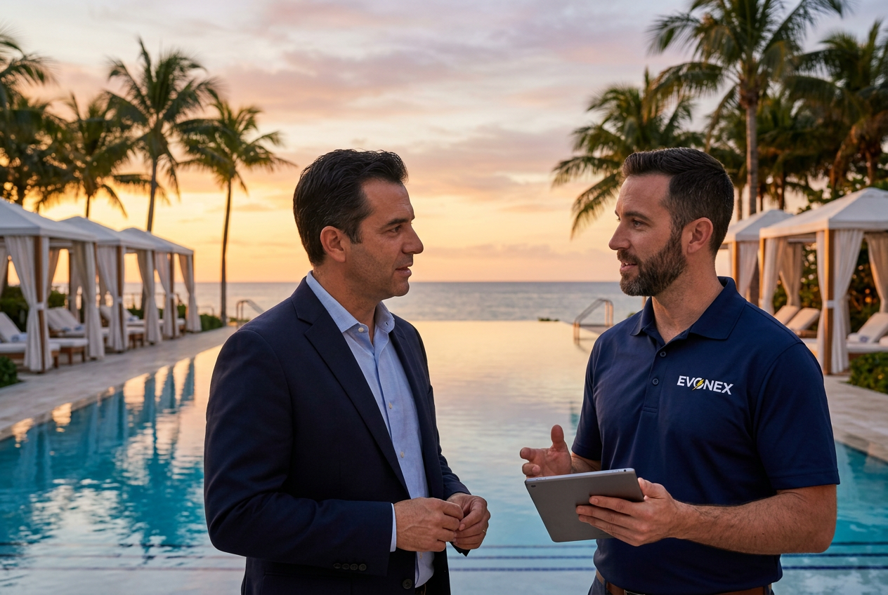 EVONEX representative speaking with a hospitality executive at a beachfront resort