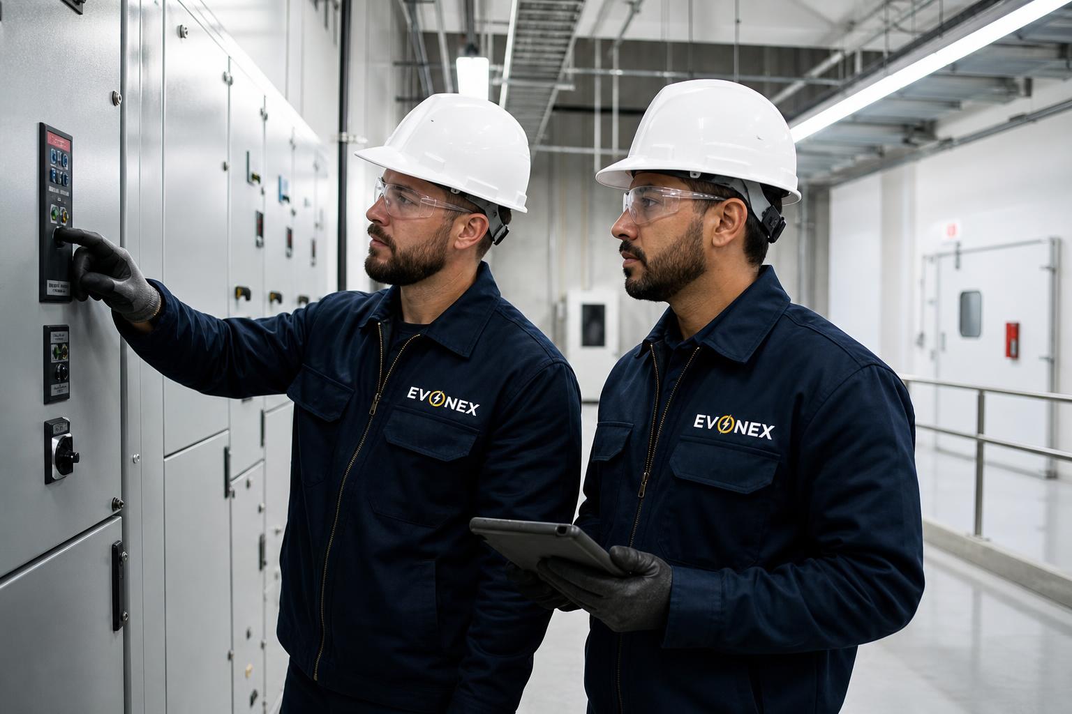 Two EVONEX industrial electricians inspecting electrical equipment in a switchgear room
