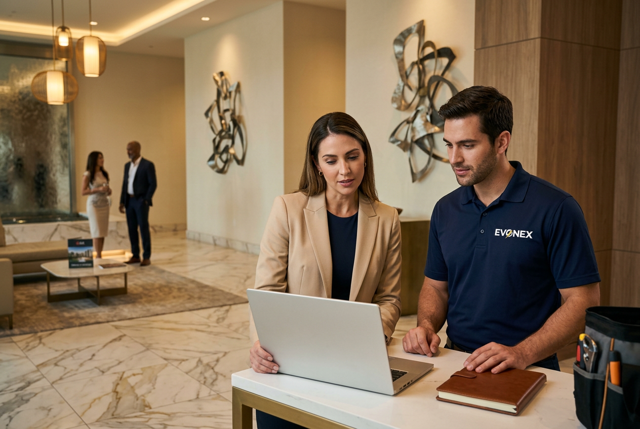 EVONEX technician collaborating with a multifamily property manager in a premium lobby