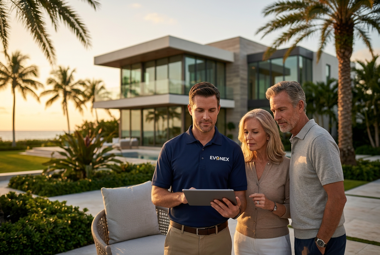 EVONEX advisor reviewing a tablet with homeowners outside a luxury South Florida residence